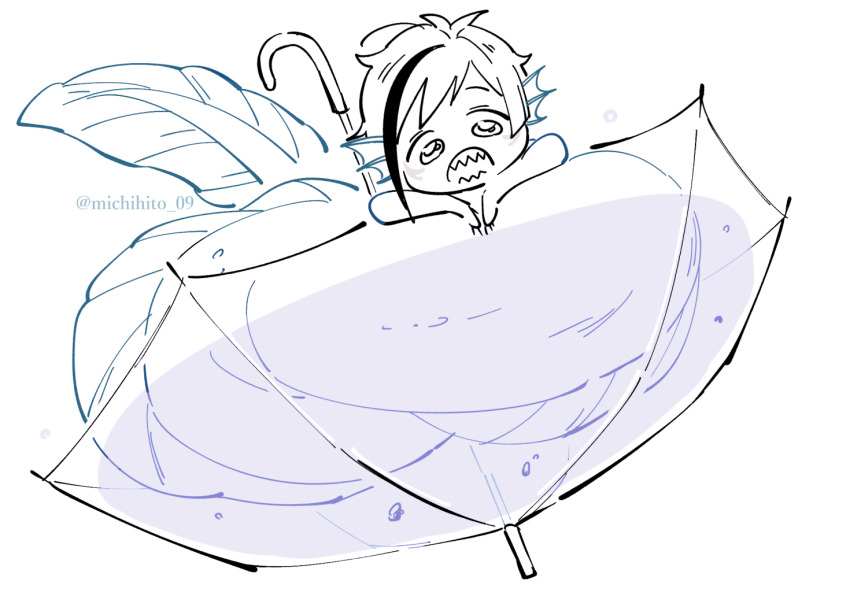 1boy chibi commentary_request eel_boy fins floyd_leech full_body head_fins in_umbrella male_focus michihito monster_boy sharp_teeth short_hair simple_background teeth twisted_wonderland umbrella white_background