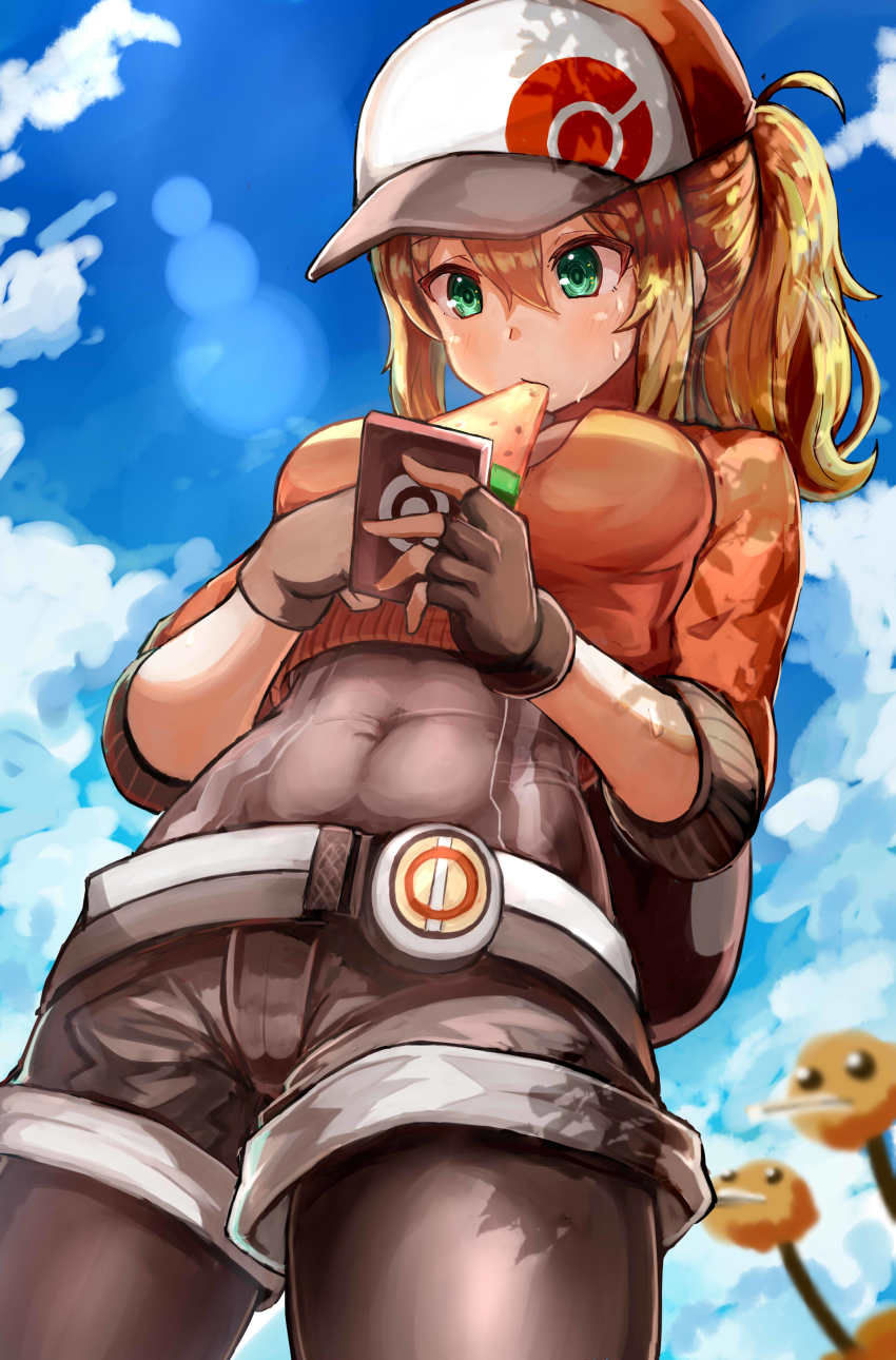 10s 1girl abs absurdres backpack bag baseball_cap belt black_pantyhose blonde_hair cellphone cloud cowboy_shot cropped_jacket day doduo eating female_protagonist_(pokemon_go) fingerless_gloves food fruit gen_1_pokemon gloves green_eyes hair_between_eyes hat highres holding holding_phone leggings navel nintendo okitsugu pantyhose pantyhose_under_shorts phone poke_ball_print pokemon pokemon_(creature) pokemon_go ponytail popsicle shorts sidelocks sky smartphone sweatdrop watermelon watermelon_bar