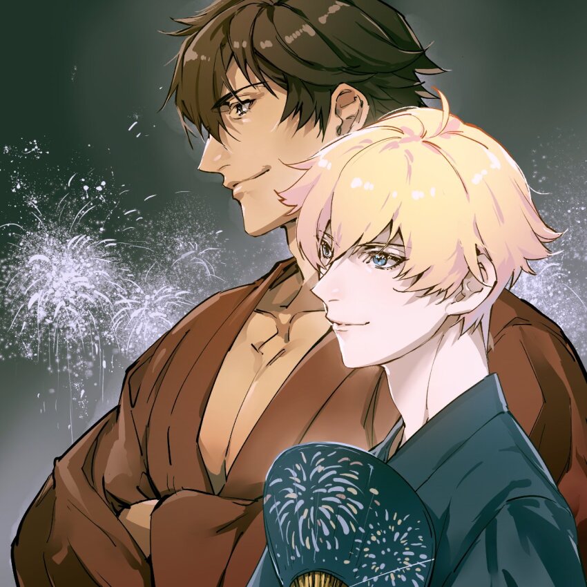 2boys blonde_hair blue_eyes blue_kimono brown_eyes brown_hair closed_mouth collarbone commentary_request crossed_arms fireworks from_side guilty_gear guilty_gear_strive hair_between_eyes hand_fan hands_in_opposite_sleeves highres japanese_clothes kimono kin_mokusei ky_kiske long_sleeves looking_ahead male_focus multiple_boys night night_sky paper_fan pectoral_cleavage pectorals print_paper_fan red_kimono short_hair sky smile sol_badguy upper_body wide_sleeves yukata