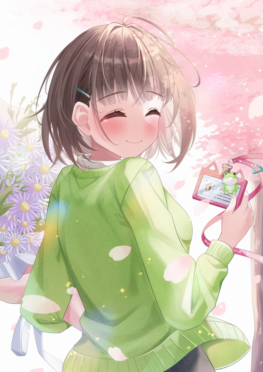1girl ^_^ absurdres blush bouquet brown_hair cardigan charm_(object) closed_eyes closed_mouth commentary_request fingernails flower green_cardigan hair_ornament hairclip harusaki_nodoka highres holding holding_bouquet holding_lanyard hololive id_card masanohe_(etoileair) nail_polish petals pink_nails purple_flower smile solo tearing_up tree virtual_graduation_commemoration virtual_youtuber