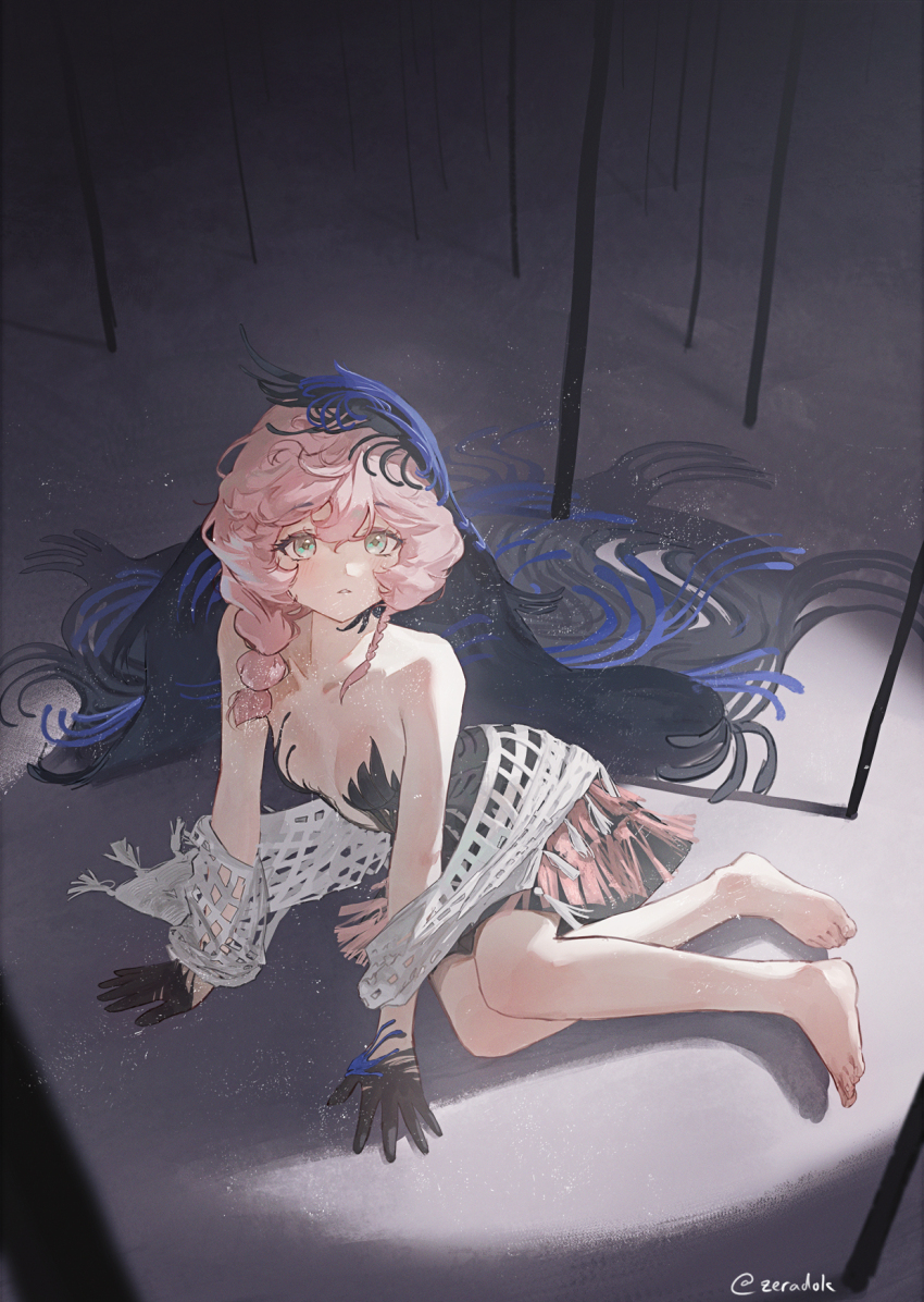 1girl aqua_eyes bare_shoulders barefoot black_dress black_hands black_veil blue_veil braid breasts cleavage collarbone colored_extremities dress full_body hair_between_eyes hashtag-only_commentary highres humanization long_hair looking_at_viewer medium_breasts nautika_(reverse:1999) parted_lips pink_hair plunging_neckline reverse:1999 shadow side_braids sidelocks sitting solo strapless strapless_dress tassel twitter_username two-tone_veil veil yokozuwari zeradok