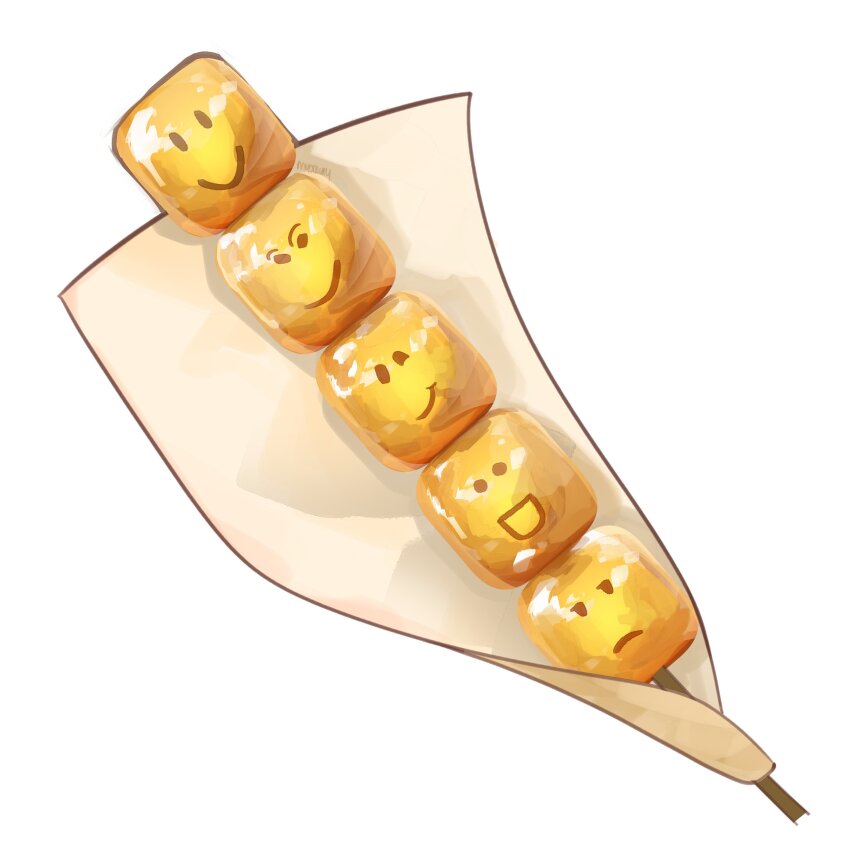 :d absurdres character-themed_food commentary english_commentary food food_focus frown highres himochuu no_humans noob_(roblox) open_mouth paper roblox signature skewer smile smiley_face still_life tanghulu white_background
