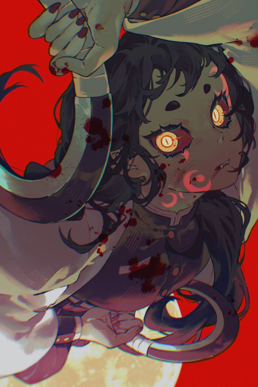 1girl arm_up belt black_pants blood blood_on_clothes blood_on_face blood_on_hands blood_splatter bloody_weapon breasts chakram colored_sclera crescent demon_girl demon_slayer_uniform dual_wielding facial_mark fangs fangs_out feet_out_of_frame floating_hair full_moon hair_over_shoulder haori highres holding holding_hoop holding_weapon hoop jacket japanese_clothes kimetsu_no_yaiba long_hair long_sleeves looking_at_viewer medium_breasts midair moon night original pants pleated_pants red_background red_nails red_sclera red_sky red_theme sky slit_pupils solo sword_writing twintails weapon white_jacket wulie_errr yellow_eyes