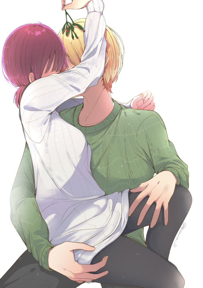 1boy 1girl arima_kana black_pantyhose blonde_hair blue_eyes from_side green_shirt highres holding holding_mistletoe hoshino_aquamarine implied_kiss kiss long_sleeves mistletoe oshi_no_ko pantyhose ponytail red_hair risdelusions shirt short_hair simple_background sitting white_background white_shirt