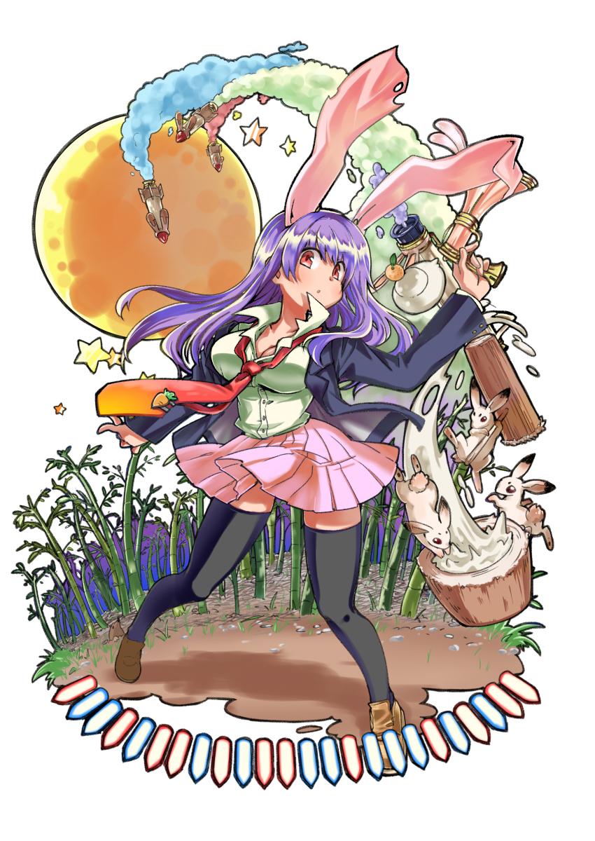 1girl absurdres animal_ears bamboo bamboo_forest black_jacket black_thighhighs blazer breasts brown_shoes buttons carrot_pin cleavage collared_shirt commentary_request danmaku food forest fruit full_body full_moon highres iwaserie jacket kagami_mochi kine large_breasts loafers long_hair long_sleeves looking_at_viewer lunatic_gun mallet mandarin_orange mochi mochitsuki mole_(animal) moon nature necktie open_mouth pink_skirt pleated_skirt popped_collar purple_hair rabbit rabbit_ears rabbit_girl red_eyes red_necktie reisen_udongein_inaba rocket shirt shoes skirt solo standing star_(symbol) thighhighs tie_clip touhou very_long_hair white_background white_shirt zettai_ryouiki