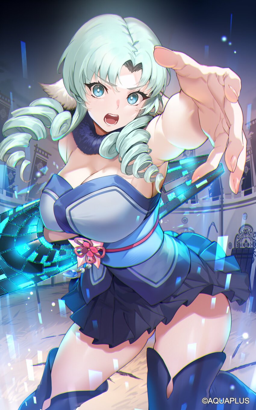 1girl aqua_hair aquaplus blue_eyes character_request curly_hair highres kakage open_mouth reaching reaching_towards_viewer shield skirt