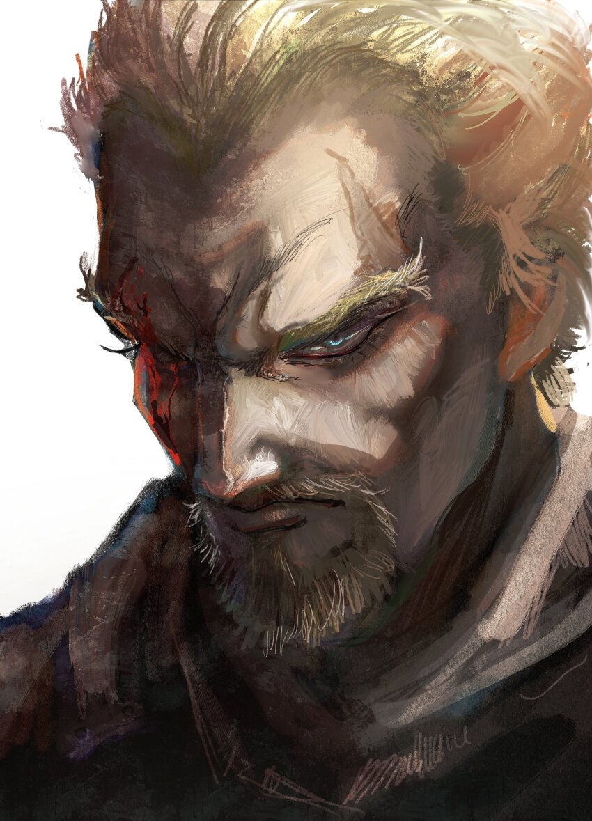 1boy aquiline_nose askeladd blonde_hair blue_eyes facial_hair frown hanpen_kounaien highres looking_ahead male_focus nose portrait serious short_hair solo tsurime vinland_saga