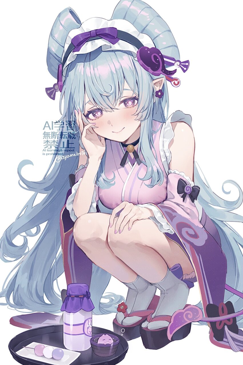 1girl absurdres aqua_hair ayameiro_16 dango dango_milk_(genshin_impact) food frilled_hairband frills genshin_impact geta hairband highres japanese_clothes kimono long_hair looking_at_viewer nihongami pink_kimono purple_eyes short_kimono sleeveless sleeveless_kimono socks solo squatting wagashi watermark white_background white_socks yumemizuki_mizuki
