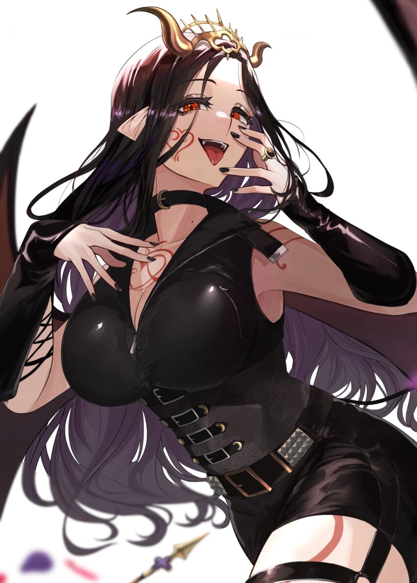 1girl belt black_corset black_hair breasts cleavage corset demon_horns demon_tail demon_wings grin hairband heart heart_tattoo highres horns lace lace-trimmed_legwear lace_trim large_breasts long_hair looking_at_viewer nekotokage nijisanji orange_eyes pointy_ears shirayuki_tomoe shirayuki_tomoe_(9th_costume) shorts smile smug solo spiked_hairband spikes tail tattoo thighhighs virtual_youtuber wings