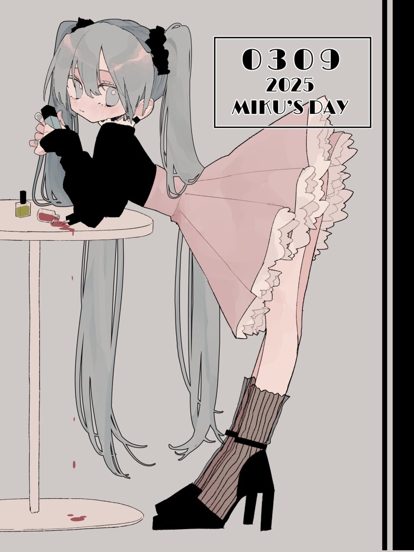 1girl bent_over black_shirt cosmetics expressionless frilled_skirt frills full_body grey_eyes grey_hair hatsune_miku high-waist_skirt high_heels highres long_hair looking_at_viewer miku_day nail_polish_bottle shiro_kuro_(shirokuro_3939) shirt skirt solo table very_long_hair vocaloid