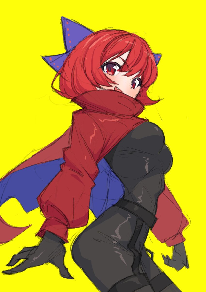 1girl akatsuki_records black_bodysuit black_gloves bodysuit bow breasts cape commentary elbow_gloves from_side gloves hair_bow highres latex latex_bodysuit latex_gloves latex_legwear latex_suit long_glove long_sleeves looking_at_viewer punidayo red_eyes red_hair rock_&#039;n&#039;_rock_&#039;n&#039;_beat sekibanki short_hair simple_background solo touhou yellow_background