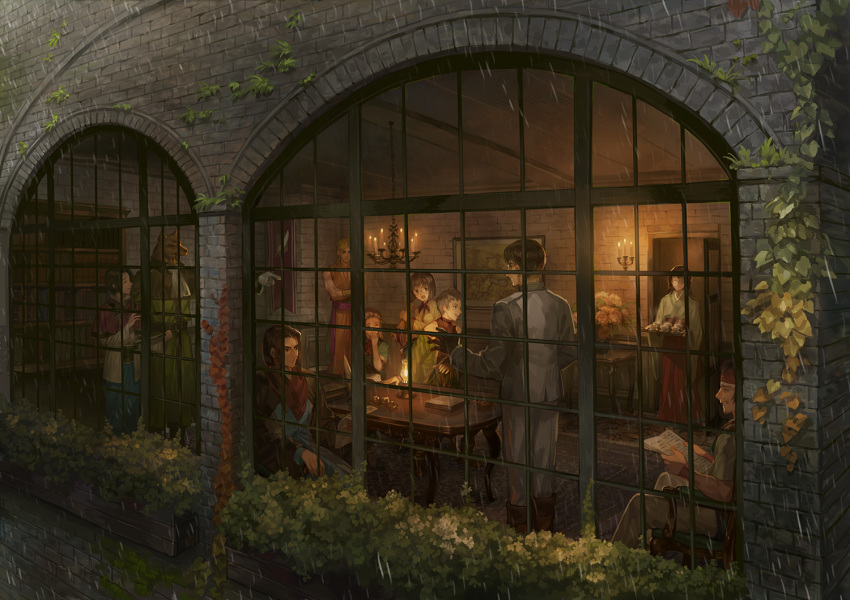 3girls 6+boys :d animal_ears apple_(suikoden) bandana bare_shoulders book bookshelf boots bow brown_hair candle capelet carpet chair chandelier choker closed_eyes covering_own_mouth crossed_arms cup dog_ears door fitcher flower freed_yamamoto furry gensou_suikoden gensou_suikoden_ii glasses gloves grin ivy japanese_clothes klaus_windamier laughing long_hair multiple_boys multiple_girls open_door open_mouth painting_(object) parchment pointing rain ridley_wizen sheena_(suikoden) shin_(suikoden) short_hair shu_(suikoden) sitting slice_of_life smile table teresa_wisemail tray uniform window yoshino_yamamoto zhuzi