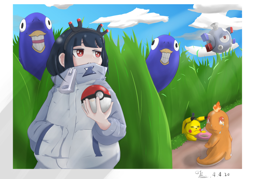 1girl :&lt; amano_pikamee animal bird black_hair black_hairband blunt_bangs border charmander closed_mouth crying crying_with_eyes_open dated day donut eyebrows_hidden_by_hair fire food gen_1_pokemon grass grin gyari_(bird) hairband hand_in_pocket high_collar highres hikasa_tomoshika holding holding_poke_ball jacket jbene jitomi_monoe long_sleeves looking_away looking_to_the_side magnemite magnet nintendo outdoors outline pikachu poke_ball poke_ball_(basic) pokemon pokemon_(creature) red_eyes signature smile sweat tears upper_body virtual_youtuber voms white_border white_jacket white_outline zipper_pull_tab