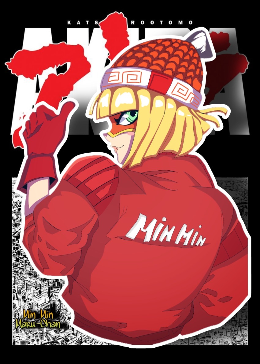 1girl blonde_hair bowl hat head highres holding k_(tilt) mask ringed short