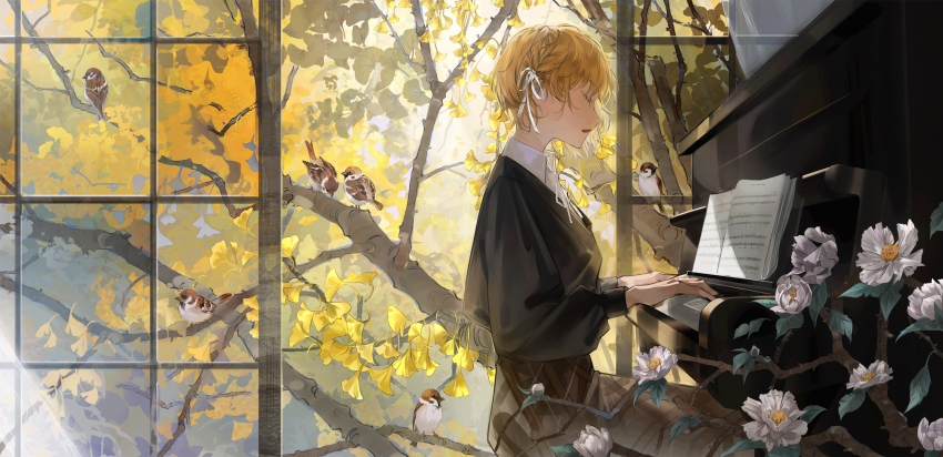 1girl bird black_shirt blonde_hair braid brown_skirt closed_eyes crown_braid curtains eurasian_tree_sparrow flower from_side ginkgo_leaf ginkgo_tree hair_between_eyes hair_ribbon highres instrument leaf long_sleeves music open_mouth original piano playing_instrument playing_piano ribbon sanse_(sssei_33) see-through_curtains sheet_music shirt shirt_tucked_in short_hair skirt solo sparrow white_flower white_ribbon yellow_leaf