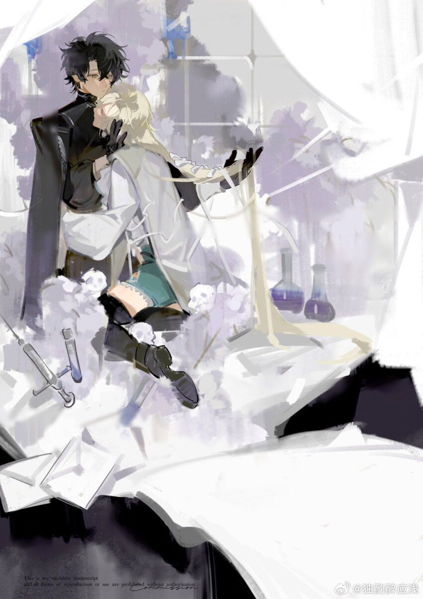 2boys black_cape black_footwear black_gloves black_hair black_jacket blonde_hair boots cape closed_eyes closed_mouth commission cotton_swab curtained_hair curtains duzhuo_zui_ying_qian expressionless flask flower full_body gloves green_shorts hair_between_eyes hair_ribbon hand_on_another&#039;s_face hei_(ying_qian) highres holding_another&#039;s_hair hug indoors jacket letter long_hair long_sleeves multiple_boys muntins original purple_flower ribbon round-bottom_flask shirt shoe_soles short_hair shorts sitting syringe thigh_boots watermark weibo_watermark white_cape white_ribbon white_shirt window yaoi yellow_eyes yin_(ying_qian) yokozuwari