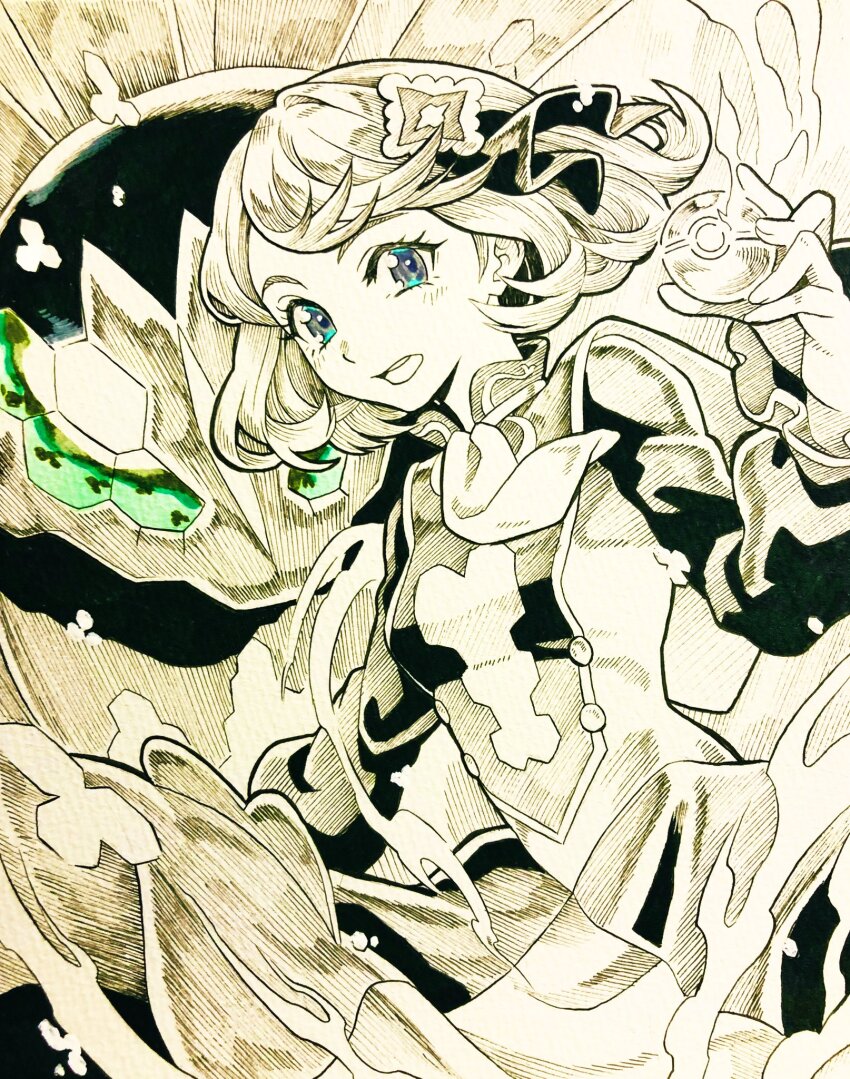 1girl alternate_color ascot black_ribbon blue_eyes buttons dress eyelashes gen_6_pokemon green_eyes hair_ornament hair_ribbon highres holding holding_poke_ball legendary_pokemon long_sleeves looking_at_viewer monochrome nintendo official_alternate_costume open_mouth poke_ball poke_ball_(basic) pokemon pokemon_(creature) pokemon_masters_ex ribbon ryuusei_(trickster) serena_(pokemon) serena_(sygna_suit)_(pokemon) shiny_pokemon short_hair smile tongue zygarde zygarde_(50)