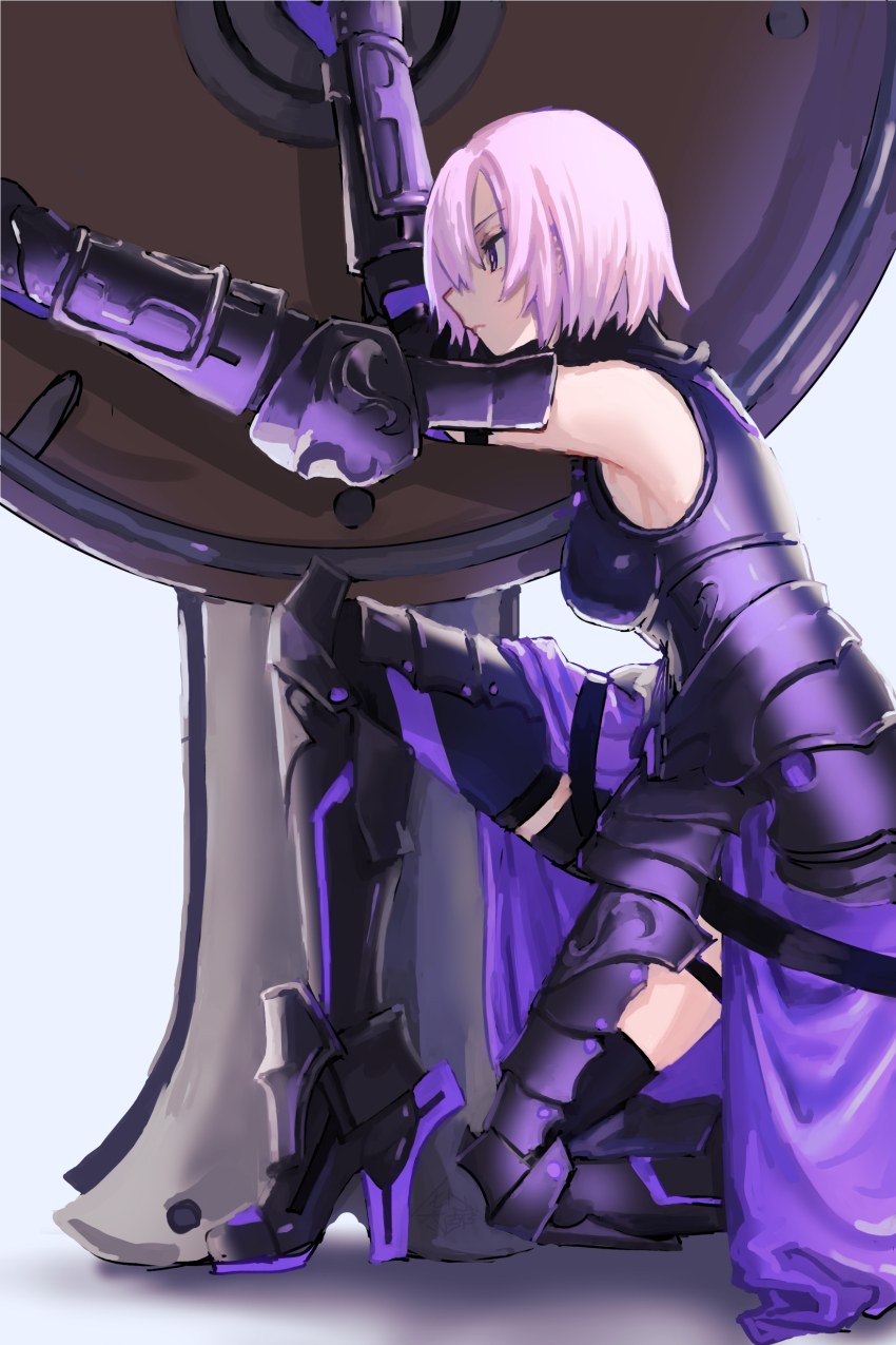 1girl absurdres armor armored_boots armored_dress black_boots black_thighhighs boots breasts closed_mouth dress fate/grand_order fate_(series) faulds from_side gauntlets hair_over_one_eye high_heel_boots high_heels highres mash_kyrielight mash_kyrielight_(demi-servant) medium_breasts momomogeta on_one_knee pink_hair profile purple_dress purple_eyes shield short_hair sideboob solo thigh_strap thighhighs