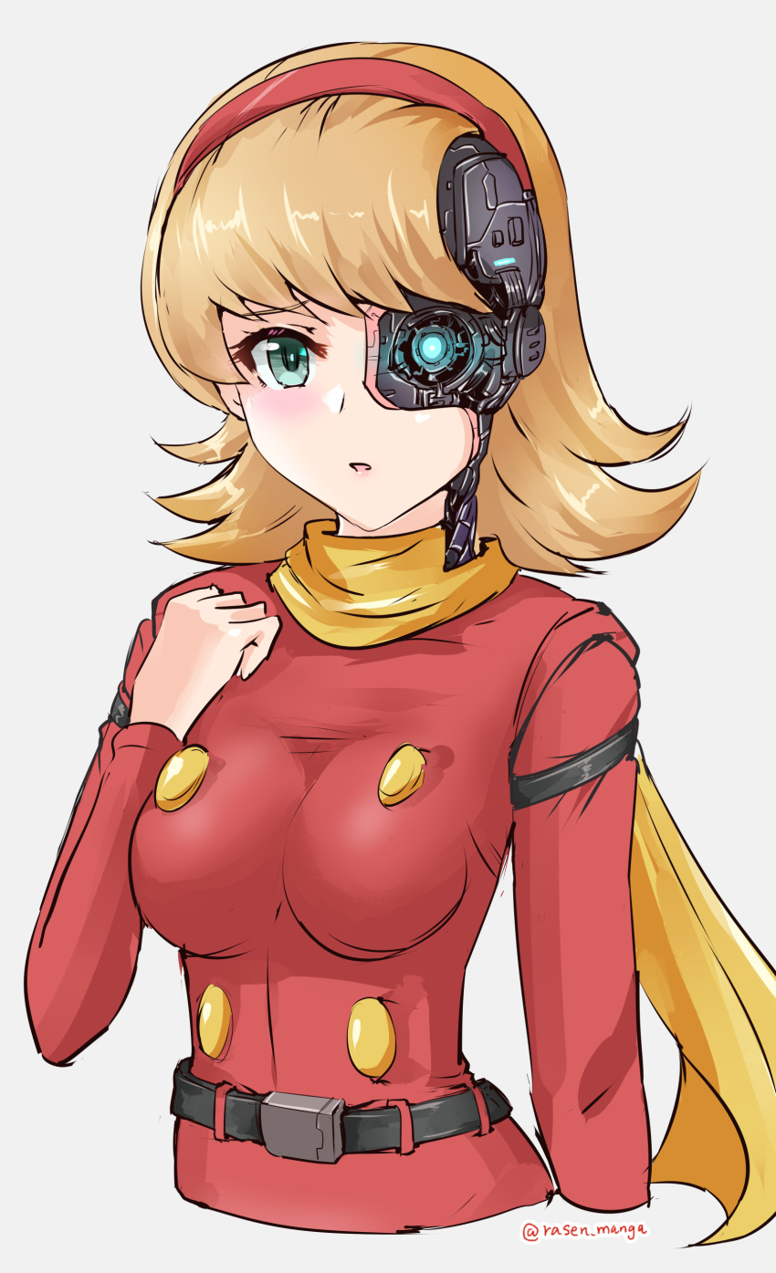 1girl absurdres belt blonde_hair blue_eyes breasts cyborg cyborg_009 damaged francoise_arnoul hairband highres long_hair looking_at_viewer mechabare open_mouth rasen_manga scarf simple_background solo white_background yellow_scarf