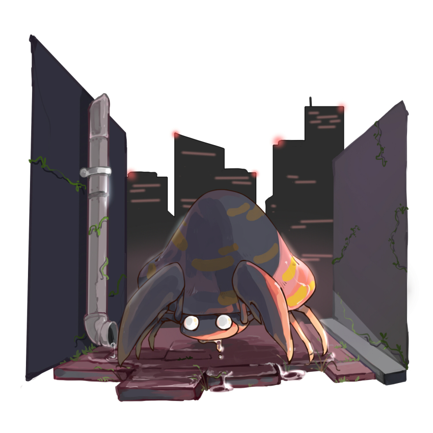 alley animal_focus blank_eyes building city dlitw full_body game_freak gen_1_pokemon highres industrial_pipe nintendo no_humans overgrown parasect pokemon pokemon_(creature) skyscraper solo urban water water_drop white_background