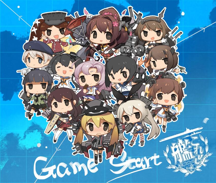 6+girls akagi_(kancolle) arrow_(projectile) binoculars black_hair blonde_hair blue_background blue_hat brown_gloves brown_hair chibi closed_eyes closed_mouth commentary_request dress english_text flight_deck flower fubuki_(kancolle) gloves grey_hair hair_flower hair_ornament hakama hakama_skirt hat headgear highres holding holding_arrow japanese_clothes jong_tu kantai_collection kinugasa_(kancolle) kitakami_(kancolle) logo long_hair long_sleeves miniskirt multiple_girls mutsu_(kancolle) neckerchief open_mouth peaked_cap petals pink_flower ponytail prinz_eugen_(kancolle) rensouhou-chan rigging ryuujou_(kancolle) sailor_collar sailor_dress school_uniform serafuku shikigami shimakaze_(kancolle) short_hair simple_background skirt smile sparkle taihou_(kancolle) tokitsukaze_(kancolle) v visor_cap white_dress white_gloves yamato_(kancolle) yukikaze_(kancolle) z1_leberecht_maass_(kancolle)