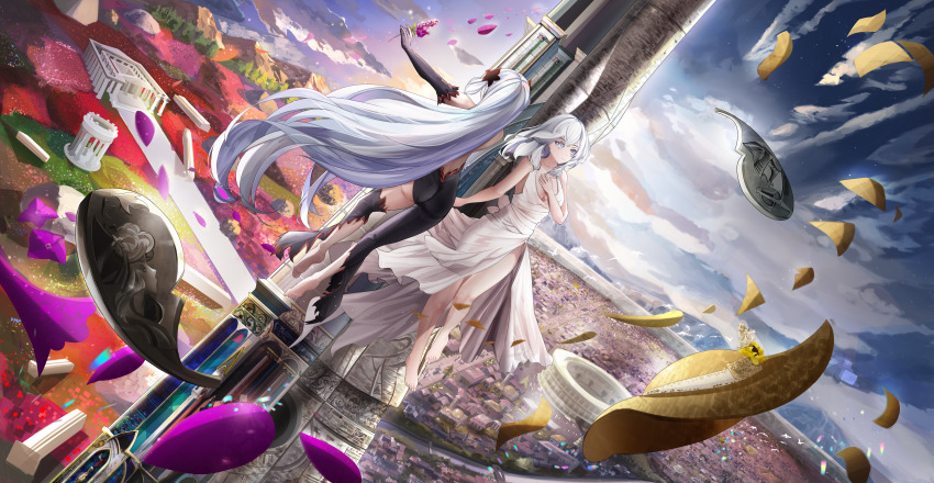 1girl absurdres black_gloves building city cityscape cleavage_cutout clothing_cutout cloud dress dungeon_ni_deai_wo_motomeru_no_wa_machigatteiru_darou_ka freya_(danmachi) gloves grey_hair highres long_hair my_neighbor_totoro_yerby original purple_eyes scenery short_dress sky solo tower white_dress