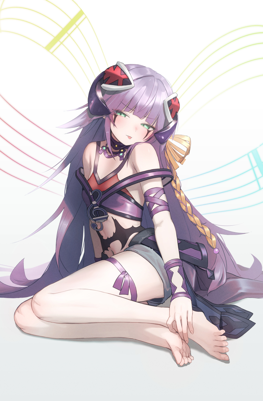 1girl absurdres barefoot bra duel_monster facial_mark green_eyes highres ib_(yu-gi-oh!) kabanoki knightmare_corruptor_iblee long_hair navel purple_bra purple_hair soles underwear yu-gi-oh!