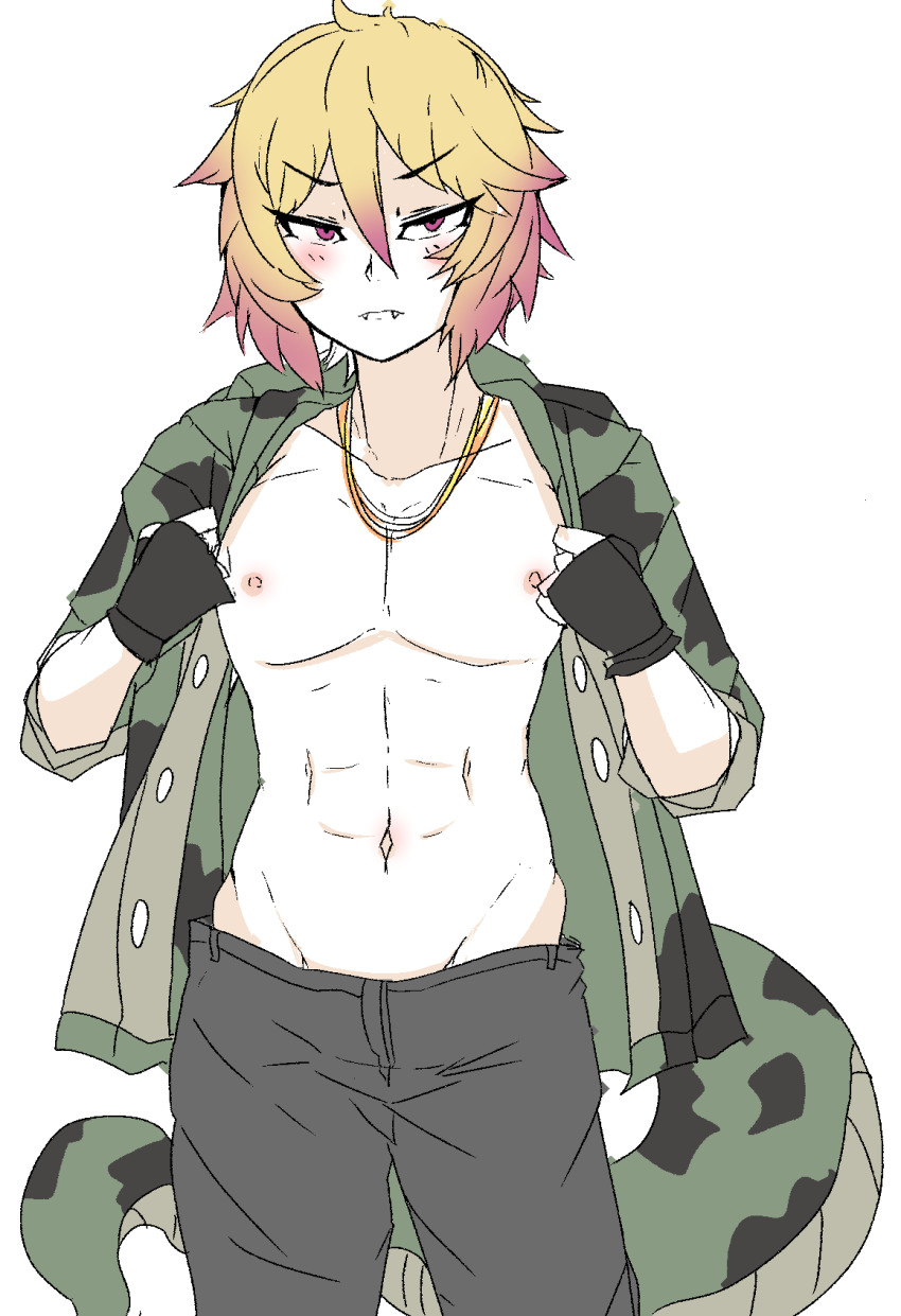 1boy abs african_rock_python_(kemono_friends) animal_print black_gloves black_pants blonde_hair blush closed_mouth cowboy_shot fangs fangs_out fingerless_gloves genderswap genderswap_(ftm) gloves groin hair_between_eyes half-closed_eyes hands_up highres hood hood_down hooded_jacket jacket jewelry kemono_friends looking_at_viewer male_focus multicolored_hair nanoder navel necklace nipples open_clothes open_jacket pale_skin pants pink_hair print_jacket purple_eyes short_hair sketch snake_print snake_tail solo stomach tail toned toned_male two-tone_hair v-shaped_eyebrows