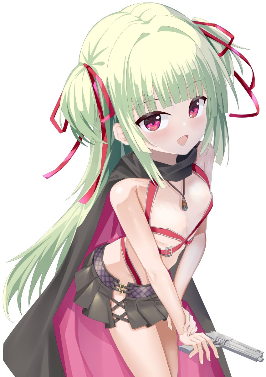 1girl :d absurdres ayachi_nene ayachi_nene_(cosplay) backlighting belt belt_bra black_cape black_skirt blunt_bangs blunt_ends blush breasts cape commentary company_connection cosplay cowboy_shot fingernails green_hair gun hair_intakes hair_ribbon handgun happy highres hime_cut hip_vent holding holding_gun holding_weapon jewelry long_hair looking_at_viewer mamiya_yuki miniskirt murasame_(senren) necklace open_mouth pink_cape pleated_skirt red_belt red_eyes red_ribbon ribbon sanoba_witch senren_banka side_slit sidelocks simple_background skirt small_breasts smile solo straight_hair two-sided_cape two-sided_fabric two-tone_cape two_side_up v_arms very_long_hair weapon white_background yuzu-soft