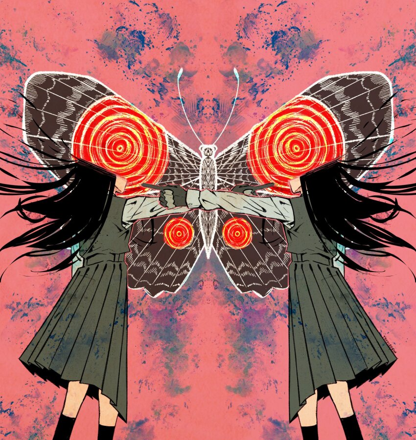 1girl black_dress black_gloves black_hair black_socks bug chainsaw_man dress fourth_east_high_school_uniform gloves grey_shirt highres insect long_hair long_sleeves moth outstretched_arm pinafore_dress pointing school_uniform shirt sleeveless sleeveless_dress socks tsukirobin yoru_(chainsaw_man)