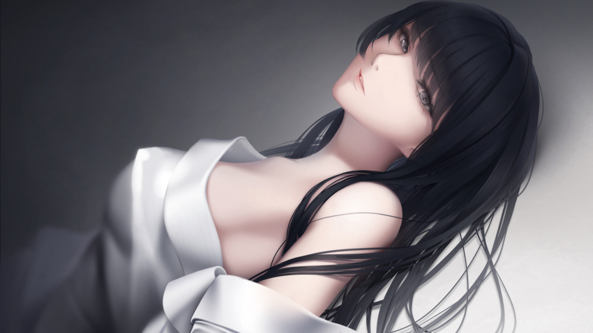 1girl bare_shoulders black_hair breasts erise grey_eyes highres japanese_clothes kimono light_smile long_hair lying medium_breasts off_shoulder on_back original parted_lips solo upper_body white_kimono