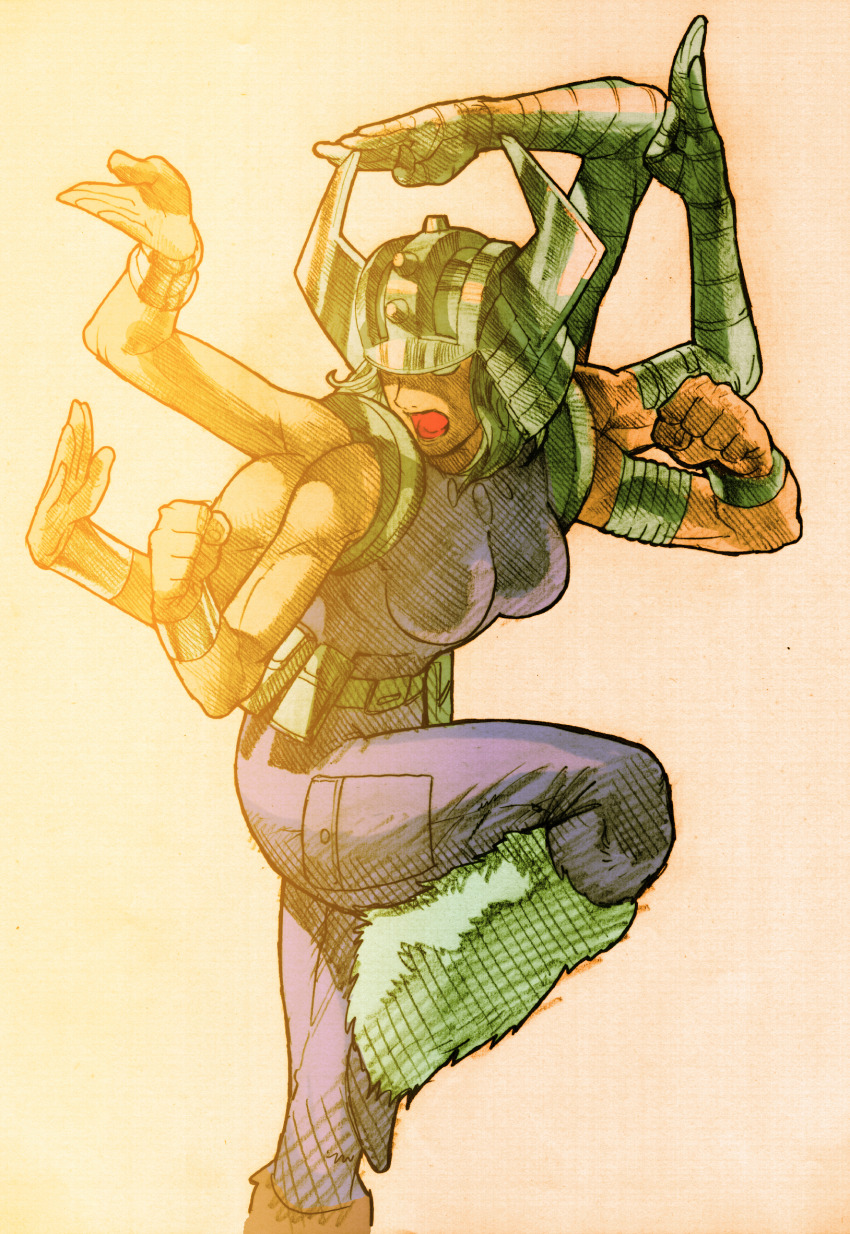 1girl angry bandages belt belt_pouch bengus bodysuit bracer capcom clenched_teeth crossed_arms extra_arms facing_to_the_side fake_horns game_cg grey_armor grey_hair grey_helmet helmet highres horned_helmet horns leg_up leg_warmers long_hair marvel marvel_vs._capcom marvel_vs._capcom_2 no_pupils non-web_source official_art pouch scan sidelighting simple_background solo spiral_(marvel) standing standing_on_one_leg teeth x-men