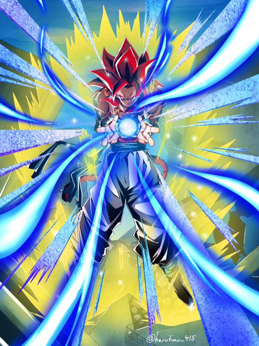 1boy big_bang_kamehameha blue_eyes body_fur character_name commentary dragon_ball dragon_ball_gt energy_ball english_commentary floating glowing gogeta harutimu highres kamehameha_(dragon_ball) male_focus muscular open_hands powering_up red_hair shaded_face solo super_saiyan super_saiyan_4 v-shaped_eyebrows