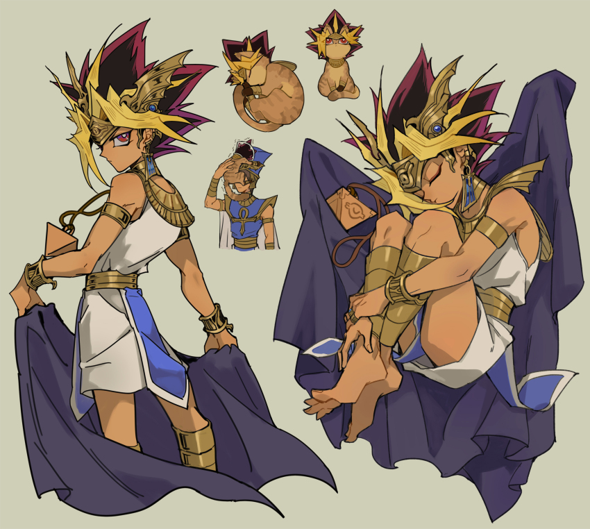 2boys absurdres ancient_egyptian ancient_egyptian_clothes ankh anklet armlet atem bare_shoulders barefoot blonde_hair blue_robe bracelet cape cat cat_on_face circlet closed_eyes colored_bangs earrings eye_of_horus gold_anklet gold_armlet gold_bracelet gold_circlet green_background highres jewelry jingshen_fensui leg_armor looking_at_viewer male_focus millennium_puzzle multicolored_hair multiple_boys multiple_views pharaoh priest_seto purple_cape red_eyes robe saka_nagiya shendyt simple_background sleeveless spiked_hair white_robe yu-gi-oh! yu-gi-oh!_duel_monsters