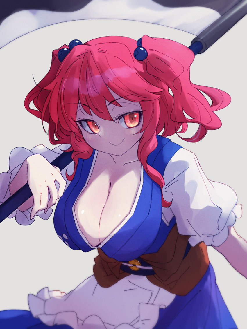 1girl blue_dress blush breasts cleavage closed_mouth coin collarbone dress grey_background hair_bobbles hair_ornament highres holding holding_scythe large_breasts looking_at_viewer onozuka_komachi red_eyes red_hair ryouryou sash scythe short_sleeves simple_background smile solo touhou two_side_up