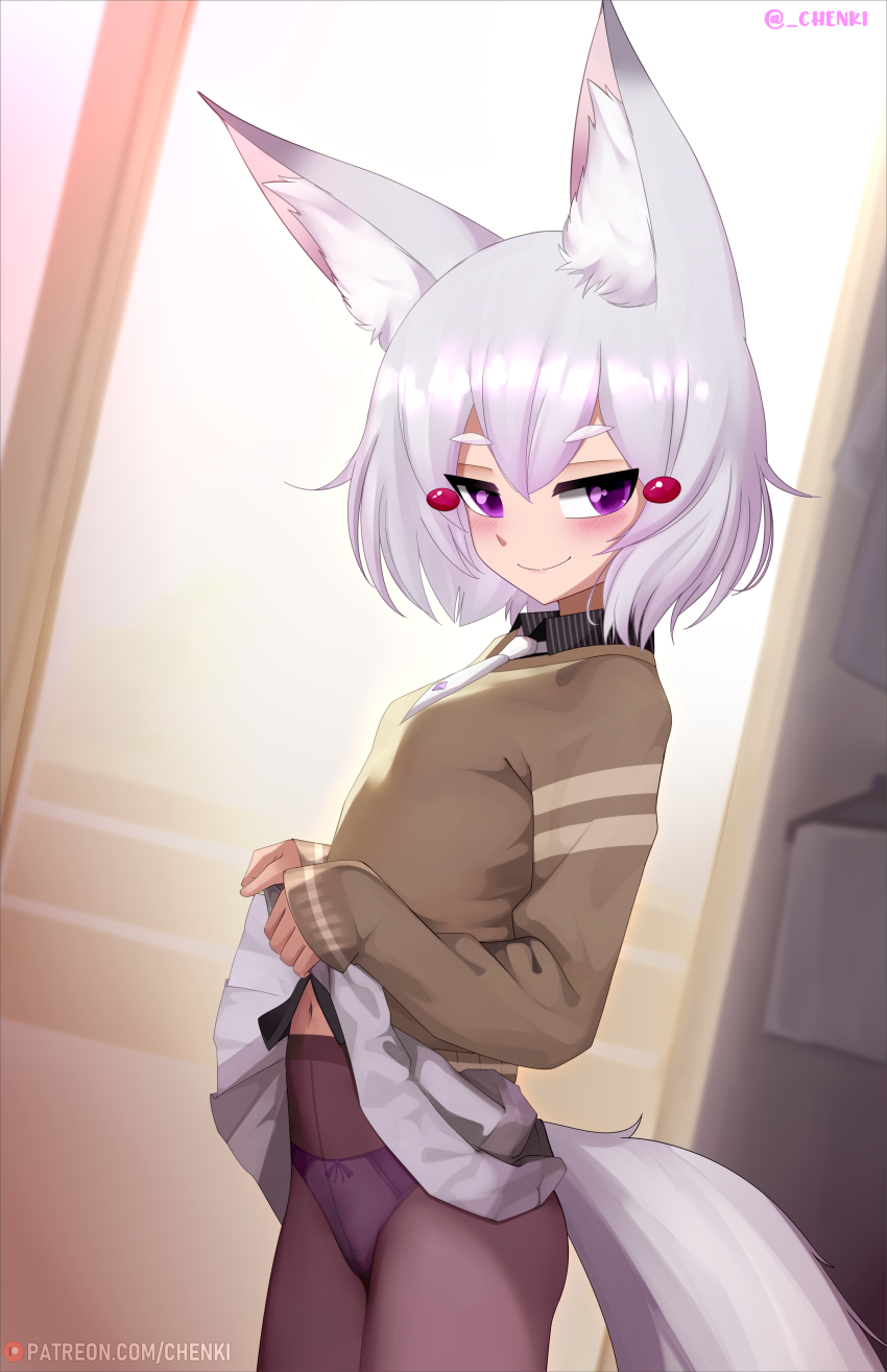 1girl absurdres animal_ears breasts brown_sweater chenki_(chenki) closed_mouth clothes_lift fox_ears fox_girl fox_tail highres navel necktie panties panties_under_pantyhose pantyhose phase_connect purple_eyes skirt skirt_lift small_breasts smile solo sweater tail tenma_maemi underwear virtual_youtuber white_hair white_necktie white_skirt