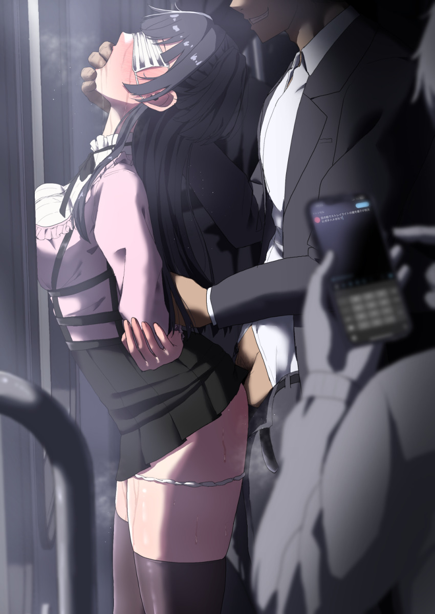 1girl 2boys against_glass against_wall arched_back arms_behind_back belt black_belt black_hair black_ribbon black_skirt black_thighhighs blindfold blush breast_press breasts breasts_on_glass breath cellphone chat_log chikan covered_eyes covered_penetration finger_in_another&#039;s_mouth formal_clothes from_side grin hands_behind hetero hidden_eyes highres holding holding_phone idolmaster idolmaster_shiny_colors improvised_blindfold jirai_kei mask mayuzumi_fuyuko medium_breasts molestation mouth_mask multiple_boys neck_ribbon open_belt open_fly panties panties_around_leg panty_pull phone pink_shirt pleated_skirt rape ribbon sex sex_from_behind shirt skirt smartphone smile standing standing_sex stealth_sex steaming_body suit sweat text_messaging thighhighs train train_interior translation_request tweet underwear white_mask white_panties zetsu_red