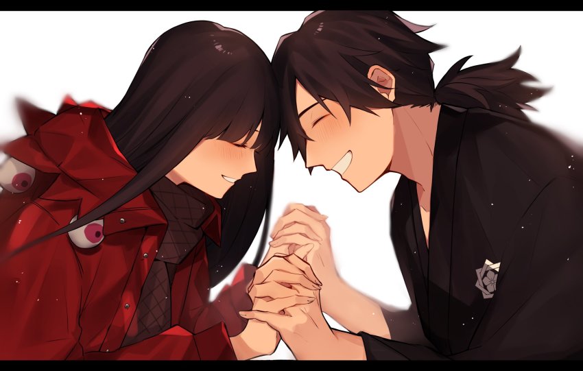 1boy 1girl black_hair closed_eyes fate/grand_order fate_(series) highres holding_hands jacket japanese_clothes kimono letterboxed long_hair low_ponytail oryou_(fate) oryou_(lancer)_(fate) ponytail red_jacket sakamoto_ryouma_(fate) sakamoto_ryouma_(lancer)_(fate) scarf smile usamimikurage white_background