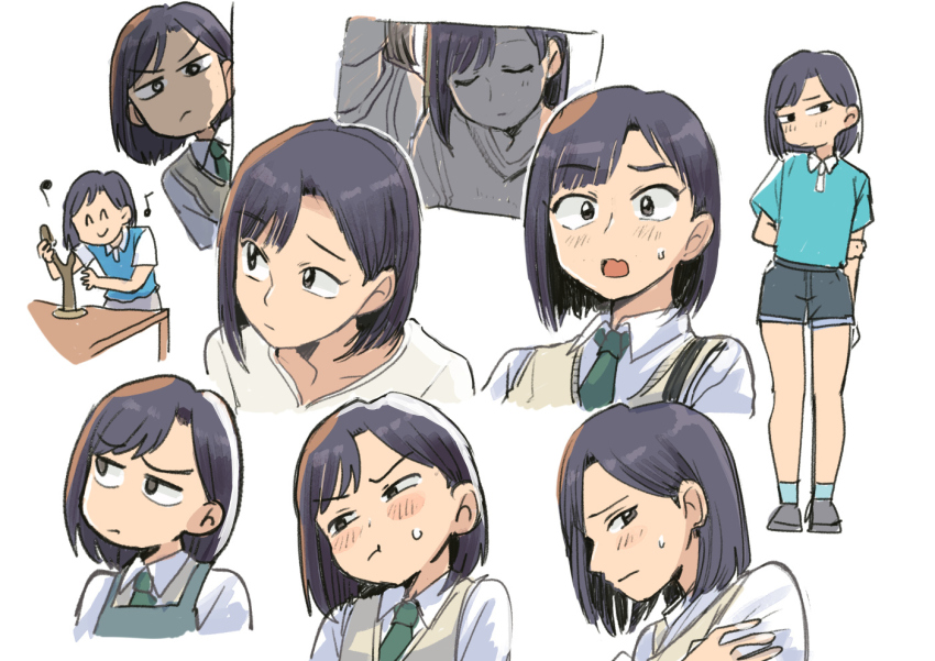 &gt;_&lt; :&lt; =_= black_hair closed_eyes closed_mouth do_it_yourself!! jitome multiple_views musical_note necktie shirt short_hair suride_miku sweater_vest tsubobot white_shirt
