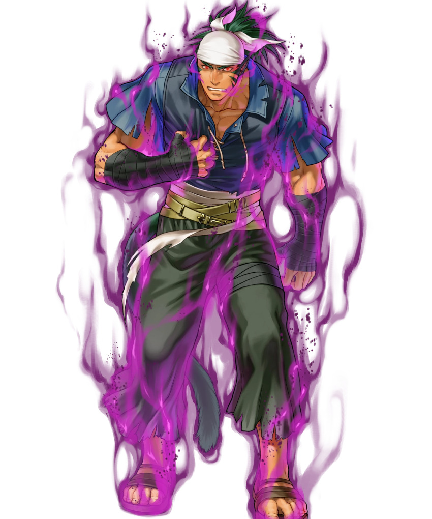 1boy animal_ears aura bandana dark-skinned_male dark_aura dark_skin fire_emblem fire_emblem:_radiant_dawn fire_emblem_heroes full_body green_hair highres kita_senri laguz_(fire_emblem) looking_at_viewer male_focus muarim_(fire_emblem) muarim_(raw_instinct)_(fire_emblem) muscular muscular_male nintendo non-web_source official_art pectoral_cleavage pectorals red_eyes sandals solo tail tiger_boy tiger_ears transparent_background white_bandana