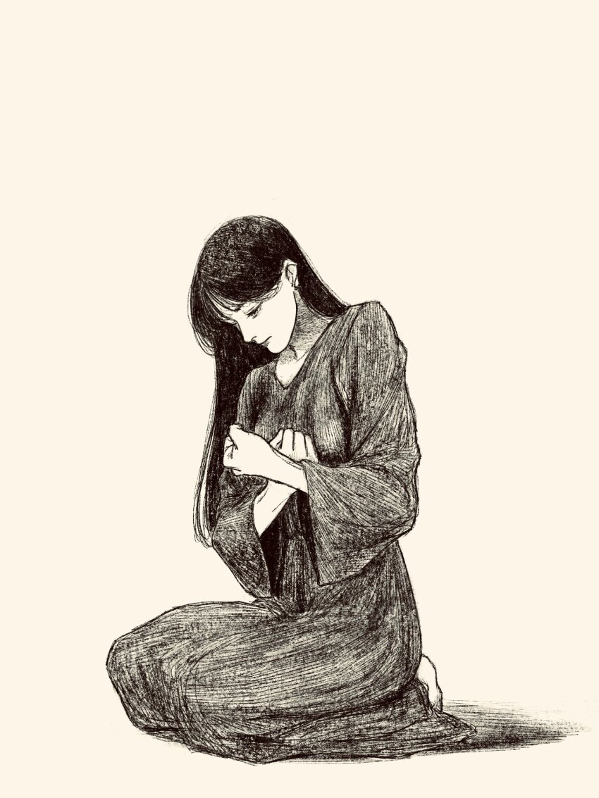 1girl black_hair full_body greyscale highres kneeling long_hair looking_down monochrome on_floor original sitting tp_p_pt white_background