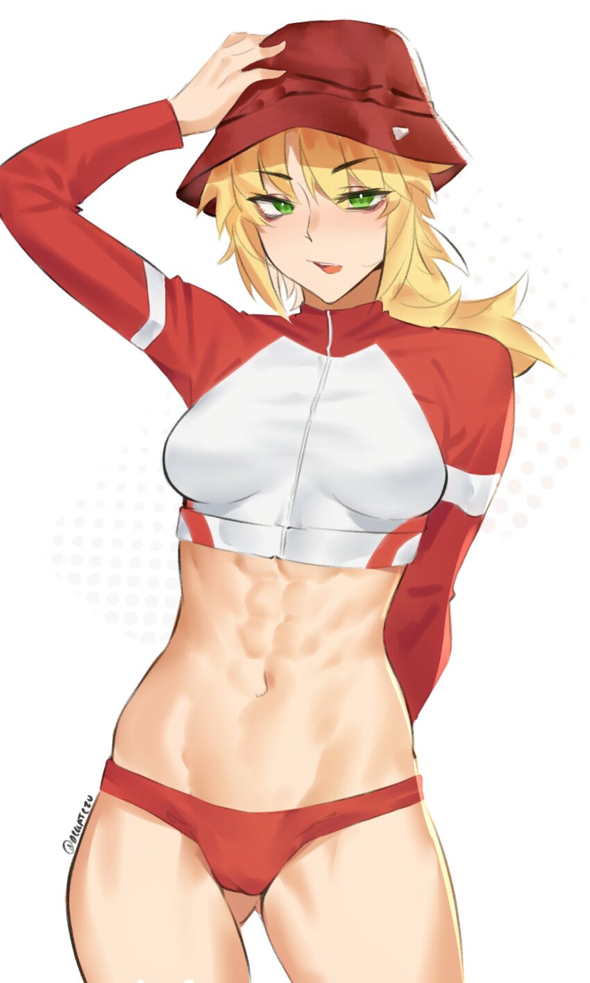 1girl abs absurdres alternate_color alternate_hairstyle arm_behind_back arm_up bikini blonde_hair blue_archive breasts breasts_apart bucket_hat cameltoe commentary cosplay cowboy_shot deccatezu english_commentary eyeshadow fate/grand_order fate_(series) gluteal_fold green_eyes groin hair_between_eyes halftone halftone_background hand_on_headwear hat highres long_hair long_sleeves low_ponytail makeup medium_breasts messy_hair mordred_(fate) multicolored_bikini navel open_mouth parted_bangs pink_eyeshadow ponytail rash_guard red_bikini red_hat saki_(blue_archive) saki_(blue_archive)_(cosplay) saki_(swimsuit)_(blue_archive) scowl sidelocks solo sports_bikini standing swimsuit teeth thighs toned toned_female turtleneck twitter_username two-tone_bikini upper_teeth_only v-shaped_eyebrows white_background white_bikini zipper