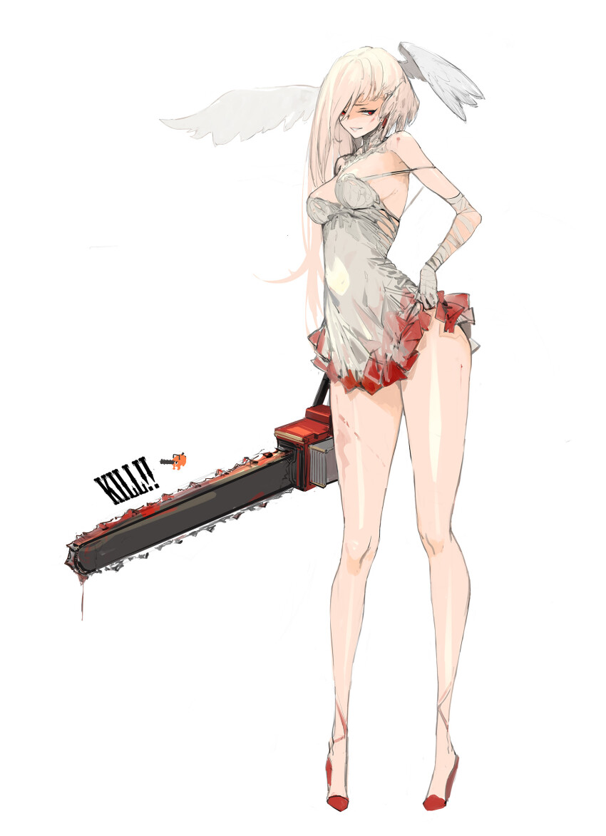 1girl bamuth blood blood_on_clothes bloody_clothes bloody_dress breasts chainsaw dress head_wings highres large_breasts long_hair looking_to_the_side original red_eyes white_background white_dress white_hair wings