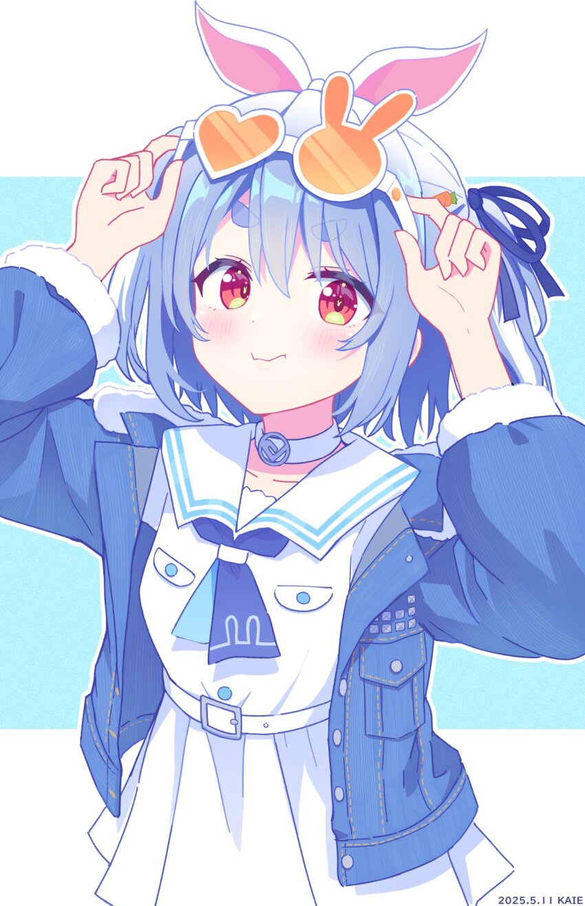 1girl arms_up blue_background blue_hair blue_jacket blue_ribbon blush closed_mouth collar collarbone dated dress eyewear_on_head fur-trimmed_jacket fur-trimmed_sleeves fur_trim hair_between_eyes hair_ribbon heart heart-shaped_eyewear highres hololive jacket kaie long_sleeves multicolored_hair open_clothes open_jacket orange-tinted_eyewear outline puffy_long_sleeves puffy_sleeves red_eyes ribbon short_eyebrows signature smile solo streaked_hair thick_eyebrows tinted_eyewear two-tone_background two_side_up usada_pekora usada_pekora_(casual) v-shaped_eyebrows virtual_youtuber white_background white_collar white_dress white_hair white_outline
