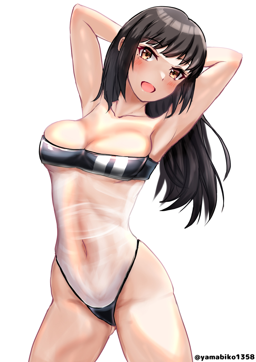 1girl absurdres arms_behind_head breasts covered_erect_nipples covered_navel cowboy_shot double_vertical_stripe gris_swimsuit hayashio_(kancolle) highleg highleg_one-piece_swimsuit highres kantai_collection large_breasts meme_attire mizuki_(uzuki_no_sato) navel one-piece_swimsuit pixiv_username see-through_clothes see-through_one-piece_swimsuit see-through_swimsuit strapless strapless_one-piece_swimsuit swimsuit thighs