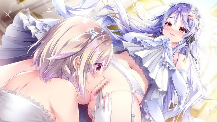 1boy 1girl :d blush bow braid bridal_veil censored elbow_gloves floating_hair flower from_below game_cg garter_belt gloves hair_between_eyes hair_bow hair_flower hair_ornament hair_ribbon hetero hoshi_no_otome_to_rikka_no_shimai imminent_cunnilingus lens_flare long_hair looking_at_another looking_down mosaic_censoring mutou_kurihito nanotaro navel no_panties one_side_up open_mouth pink_bow pussy red_eyes ribbon rose single_braid smile sparkle striped_ribbon trap veil very_long_hair white_bow white_flower white_gloves white_hair white_rose yamabuki_alice yamabuki_yuki yellow_eyes