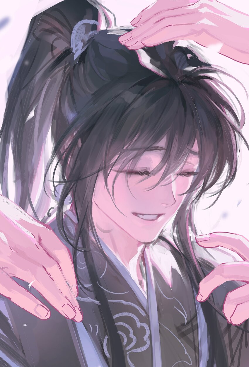 1boy absurdres baek_eon black_hair chinese_clothes closed_eyes grin hand_on_another&#039;s_head hand_on_another&#039;s_shoulder hanfu high_ponytail highres hyo_wol jigam jinhongi korean_commentary long_hair male_focus out_of_frame ponytail seol_young smile song_ok upper_body white_hanfu xiao_guan_(headdress)