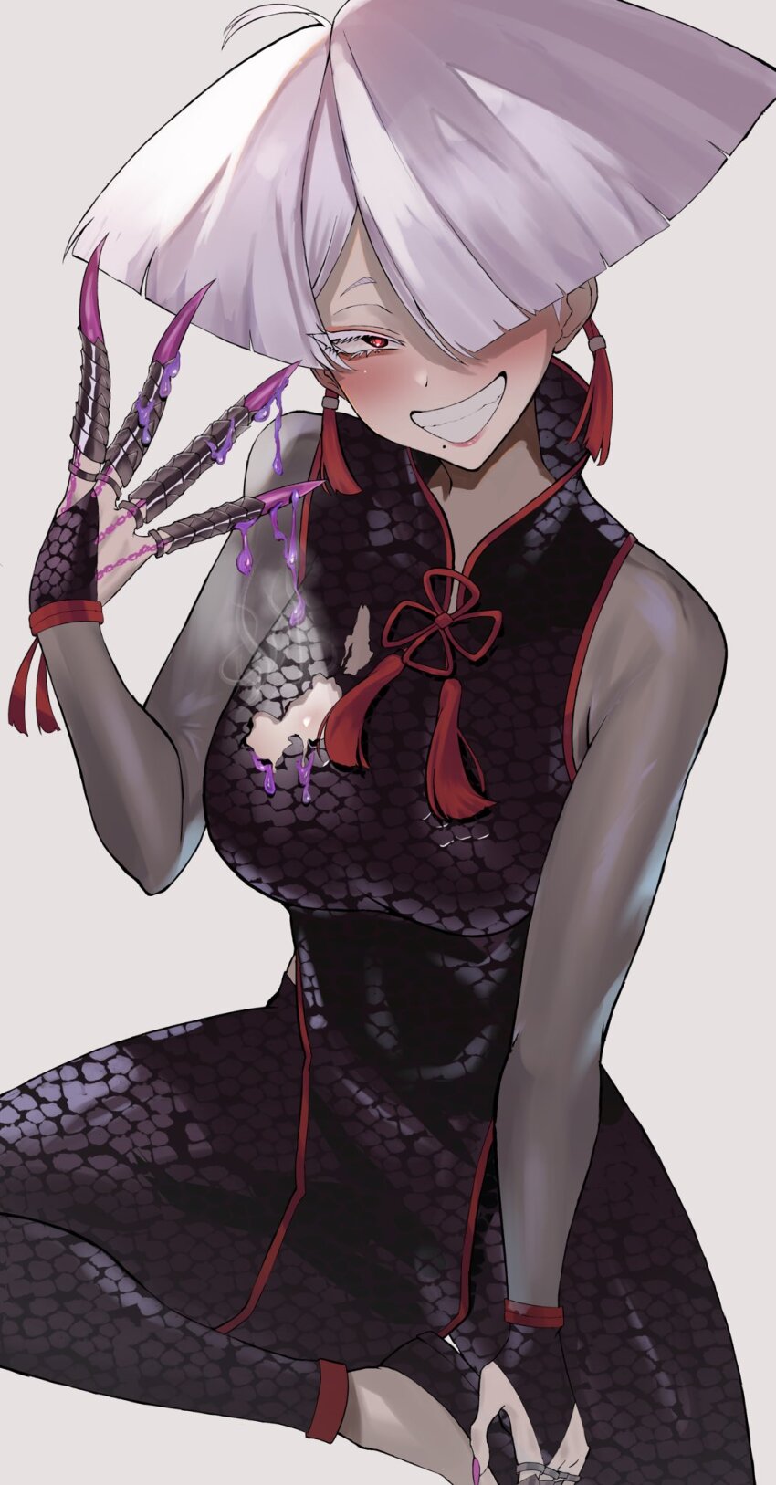 1girl a.k.i._(street_fighter) blush chinese_clothes claw_ring earrings highres impossible_hair jewelry mole mole_under_mouth poison red_eyes red_lips sato_one1 scale_print simple_background smile solo street_fighter street_fighter_6 tassel tassel_earrings torn_clothes