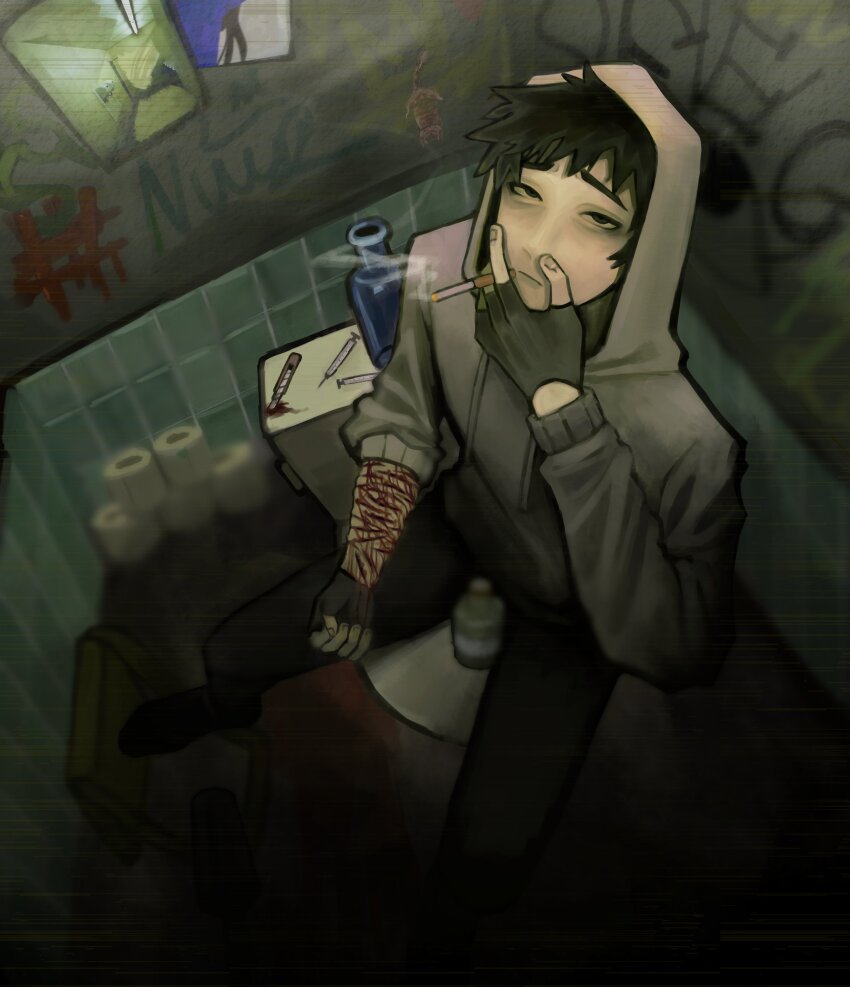 1boy :/ absurdres bag bags_under_eyes bathroom black_eyes black_gloves black_hair bloodshot_eyes bottle boxcutter cigarette cry_of_fear fingerless_gloves from_above full_body gloves graffiti grey_hoodie highres holding holding_cigarette hood hood_up hoodie implied_self-harm ji01_jiji male_focus mirror on_toilet self-harm short_hair shoulder_bag simon_henriksson sitting sleeves_rolled_up smoke smoking solo syringe tile_wall tiles toilet toilet_paper track_marks wrist_cutting
