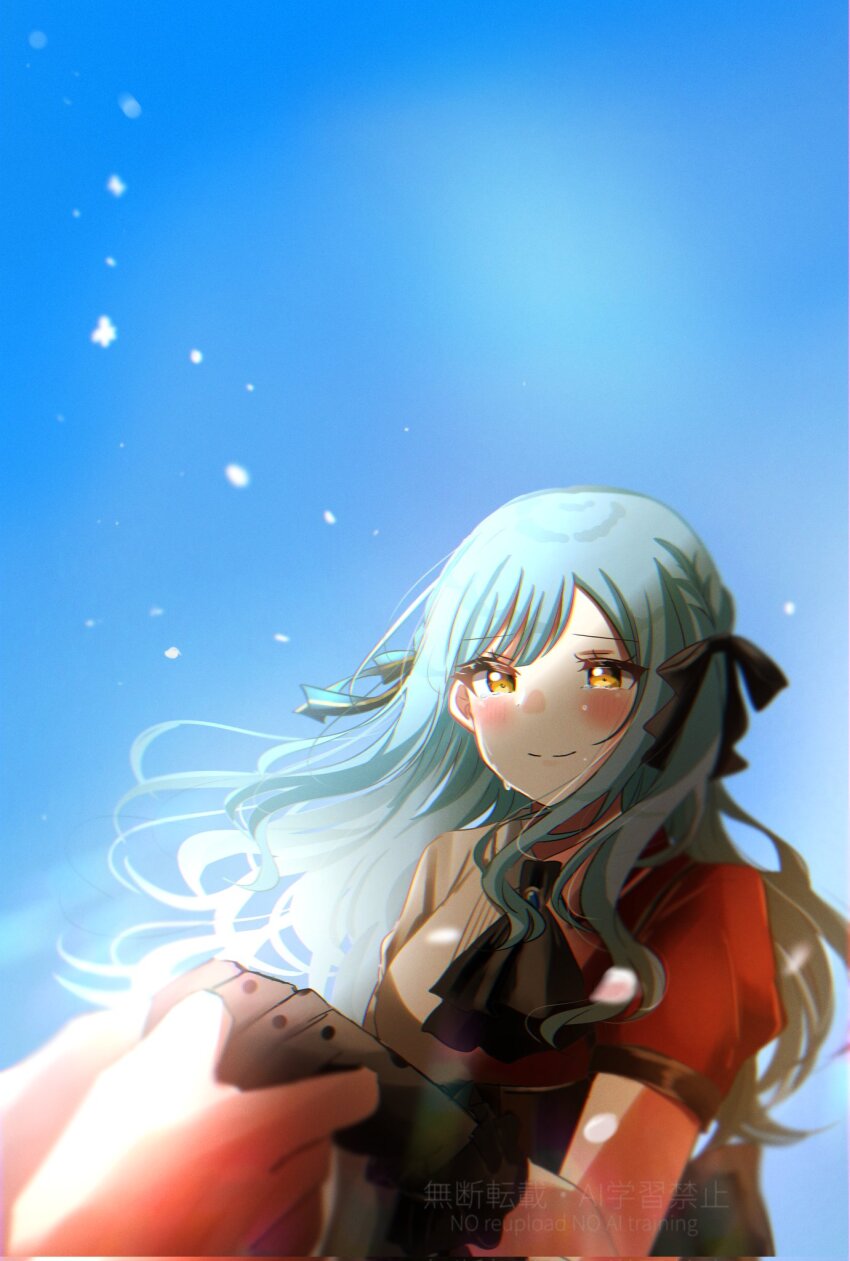 2girls asahi_rise ascot bang_dream! bang_dream!_it&#039;s_mygo!!!!! black_ascot black_corset black_gloves black_ribbon blue_brooch blue_hair blush closed_mouth commentary_request corrupted_twitter_file corset crying crying_with_eyes_open gloves hair_ribbon highres long_hair multiple_girls oblivionis_(bang_dream!) pov puffy_short_sleeves puffy_sleeves red_shirt ribbon shirt short_sleeves smile tears togawa_sakiko watermark yellow_eyes
